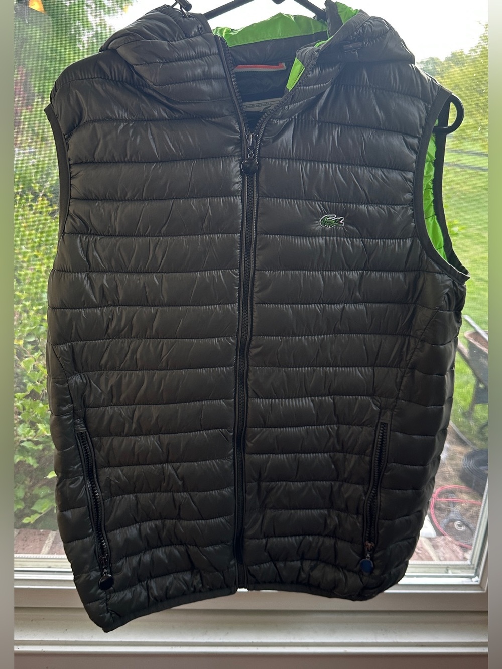 Lacoste Quilted Hooded Vest, Army Green, Neon Interior. Size Large
